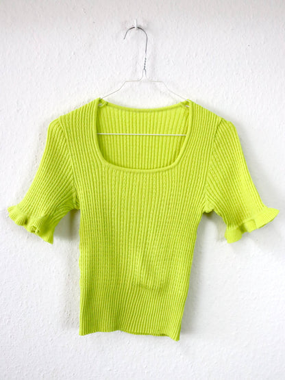 Vintage 70er 80er Top Shirt Strick kurzarm Rüschen gelb neon U-Boot Ausschnitt M