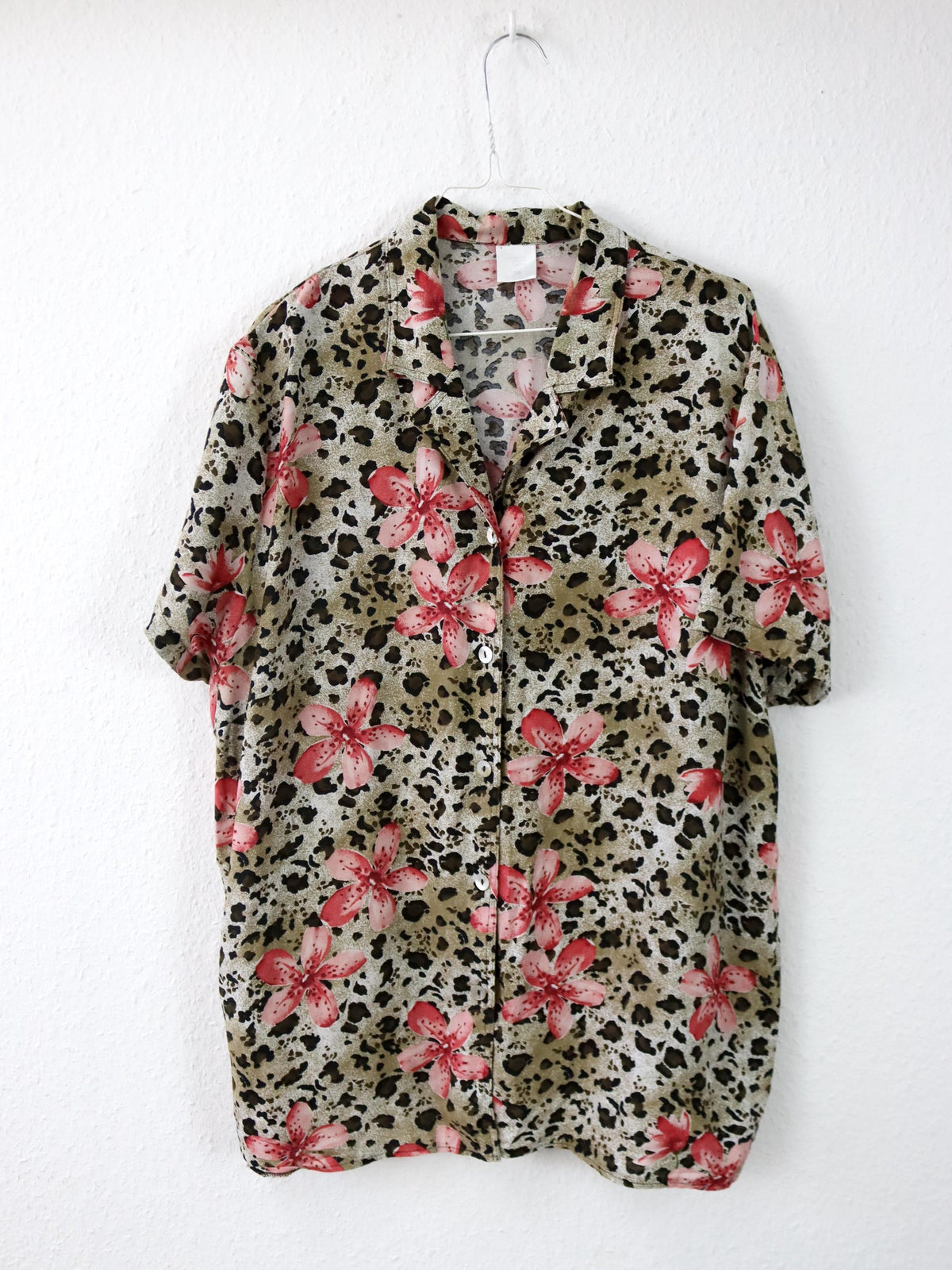 Vintage 80er 90er Bluse kurzarm crazy pattern Leoparden Blumen Viskose 40
