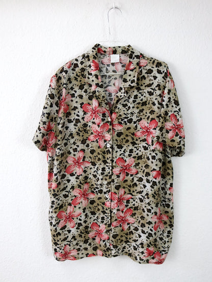 Vintage 80er 90er Bluse kurzarm crazy pattern Leoparden Blumen Viskose 40