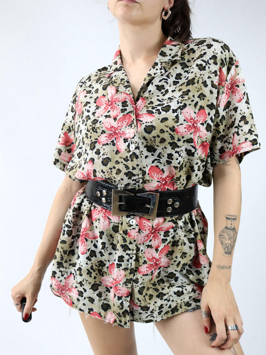 Vintage 80er 90er Bluse kurzarm crazy pattern Leoparden Blumen Viskose 40