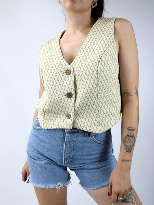 Vintage 80er 90er Weste kariert ärmellos beige 42
