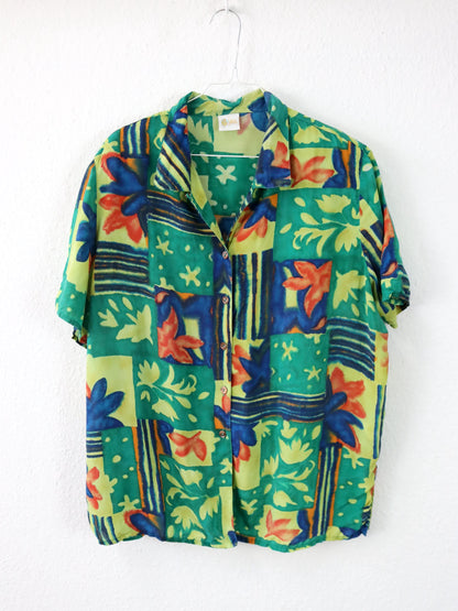 Vintage 80er 90er SIXTH SENSE Bluse kurzarm crazy pattern bunt Schulterpolster 48 XL