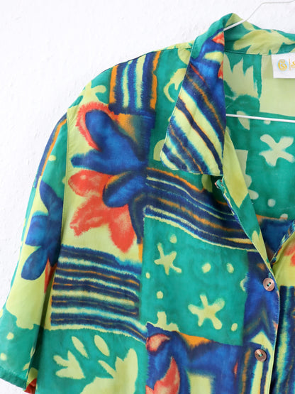 Vintage 80er 90er SIXTH SENSE Bluse kurzarm crazy pattern bunt Schulterpolster 48 XL