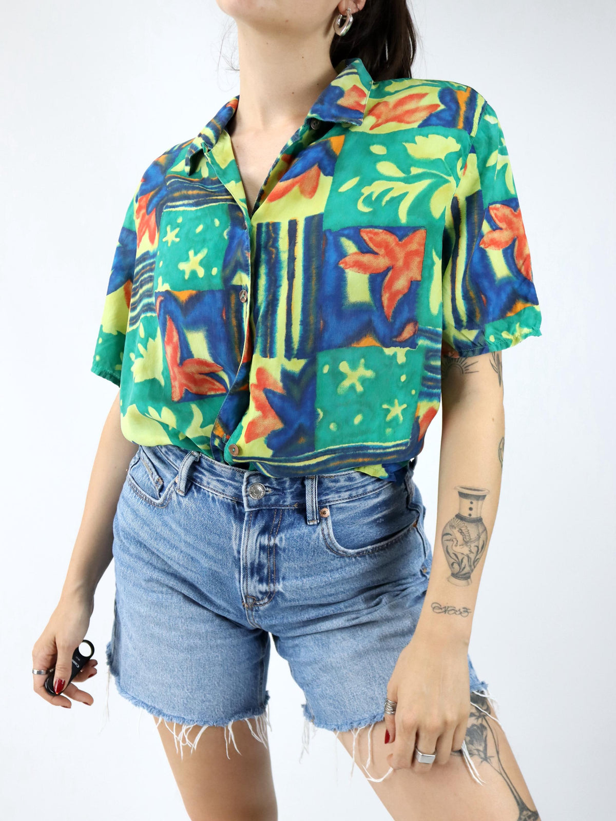 Vintage 80er 90er SIXTH SENSE Bluse kurzarm crazy pattern bunt Schulterpolster 48 XL