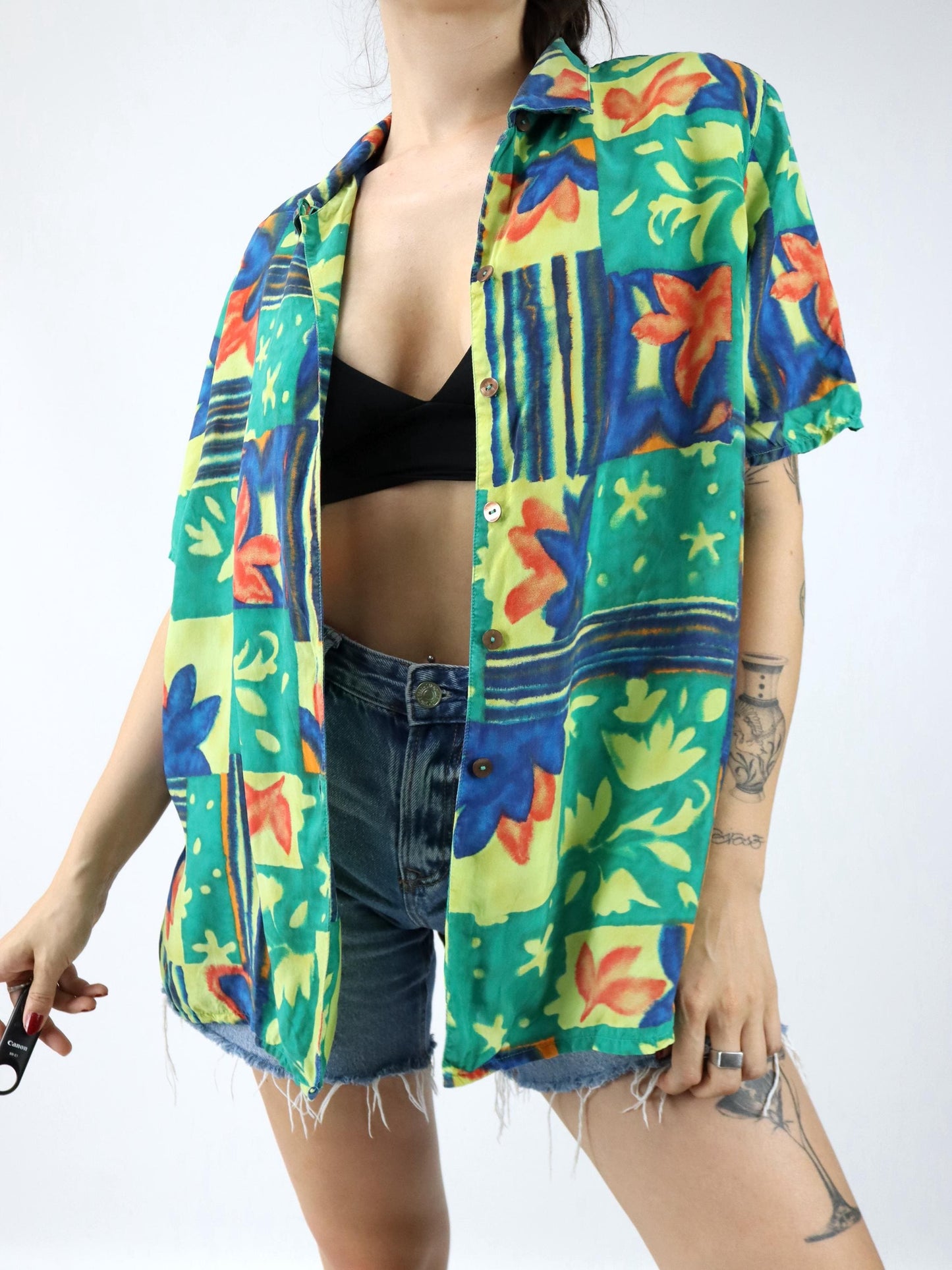 Vintage 80er 90er SIXTH SENSE Bluse kurzarm crazy pattern bunt Schulterpolster 48 XL