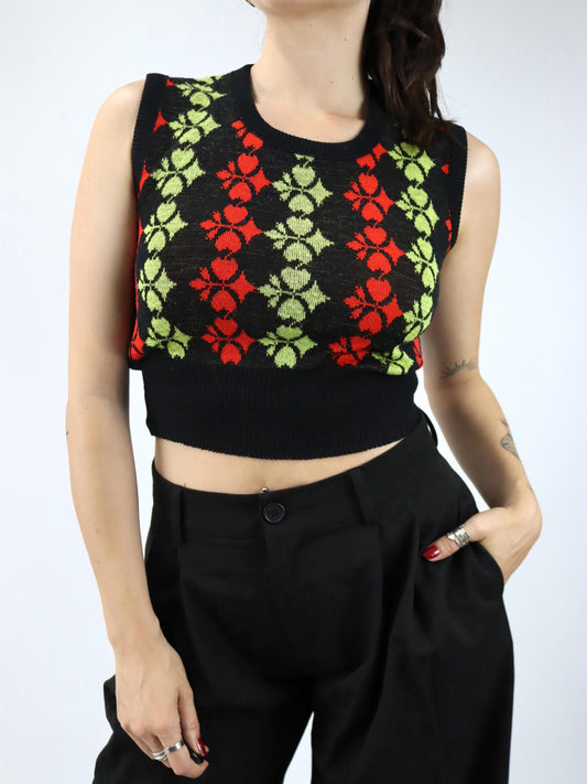 Vintage 80er 90er SUPERB Top Strick Pullunder Crop bauchfrei crazy pattern M