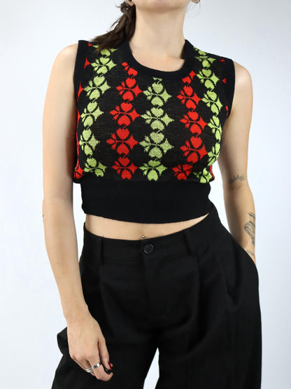 Vintage 80er 90er SUPERB Top Strick Pullunder Crop bauchfrei crazy pattern M