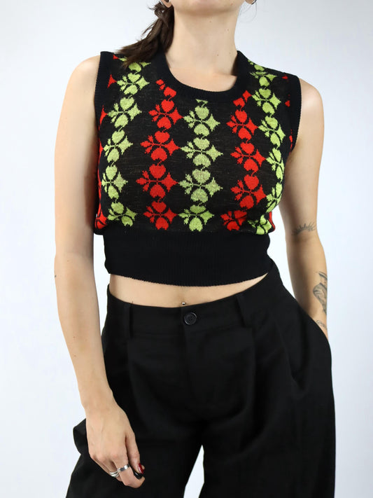 Vintage 80er 90er SUPERB Top Strick Pullunder Crop bauchfrei crazy pattern M