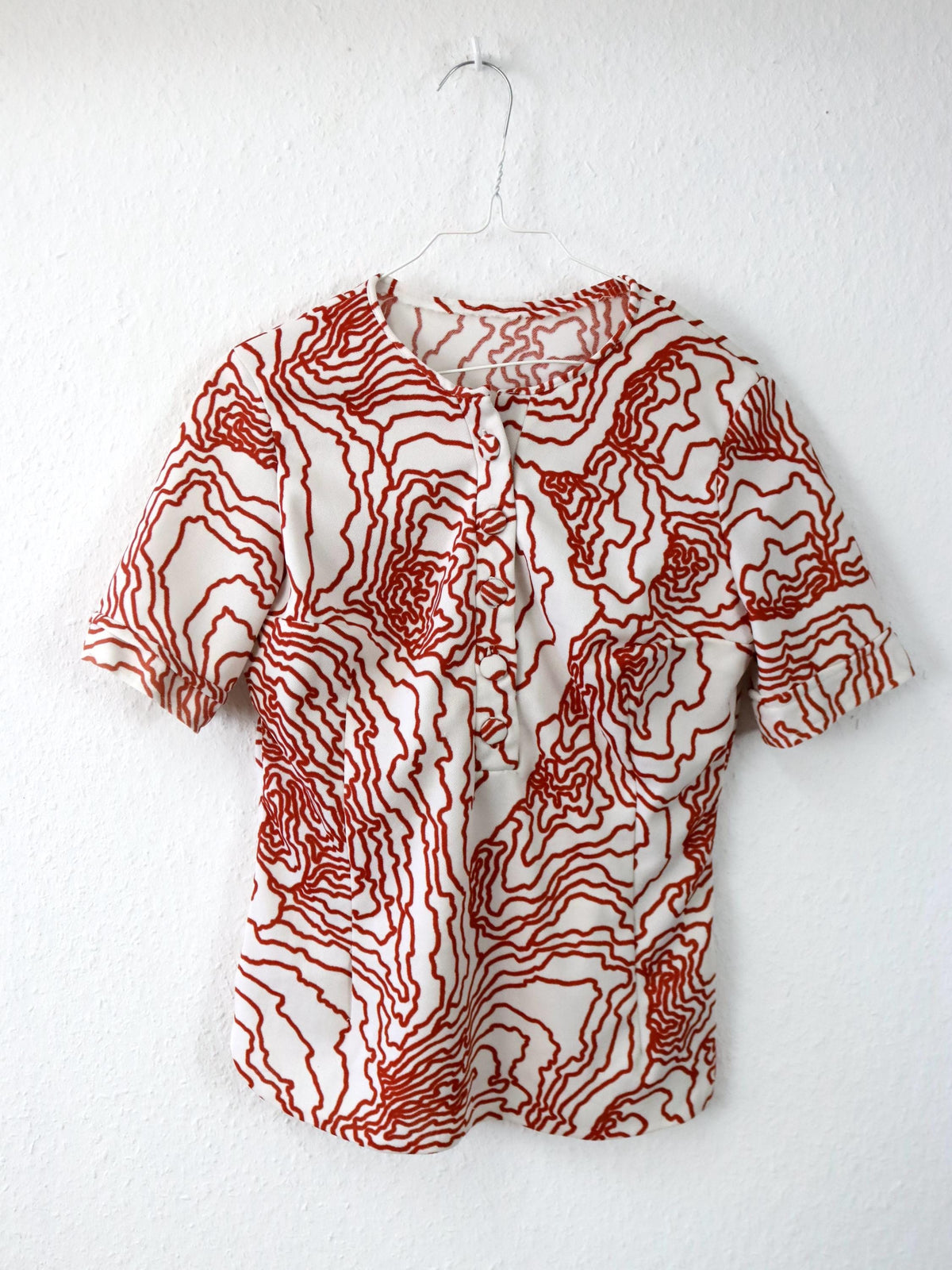Vintage 70er 80er Bluse kurzarm ausgestellt Blumenmuster orange weiß M