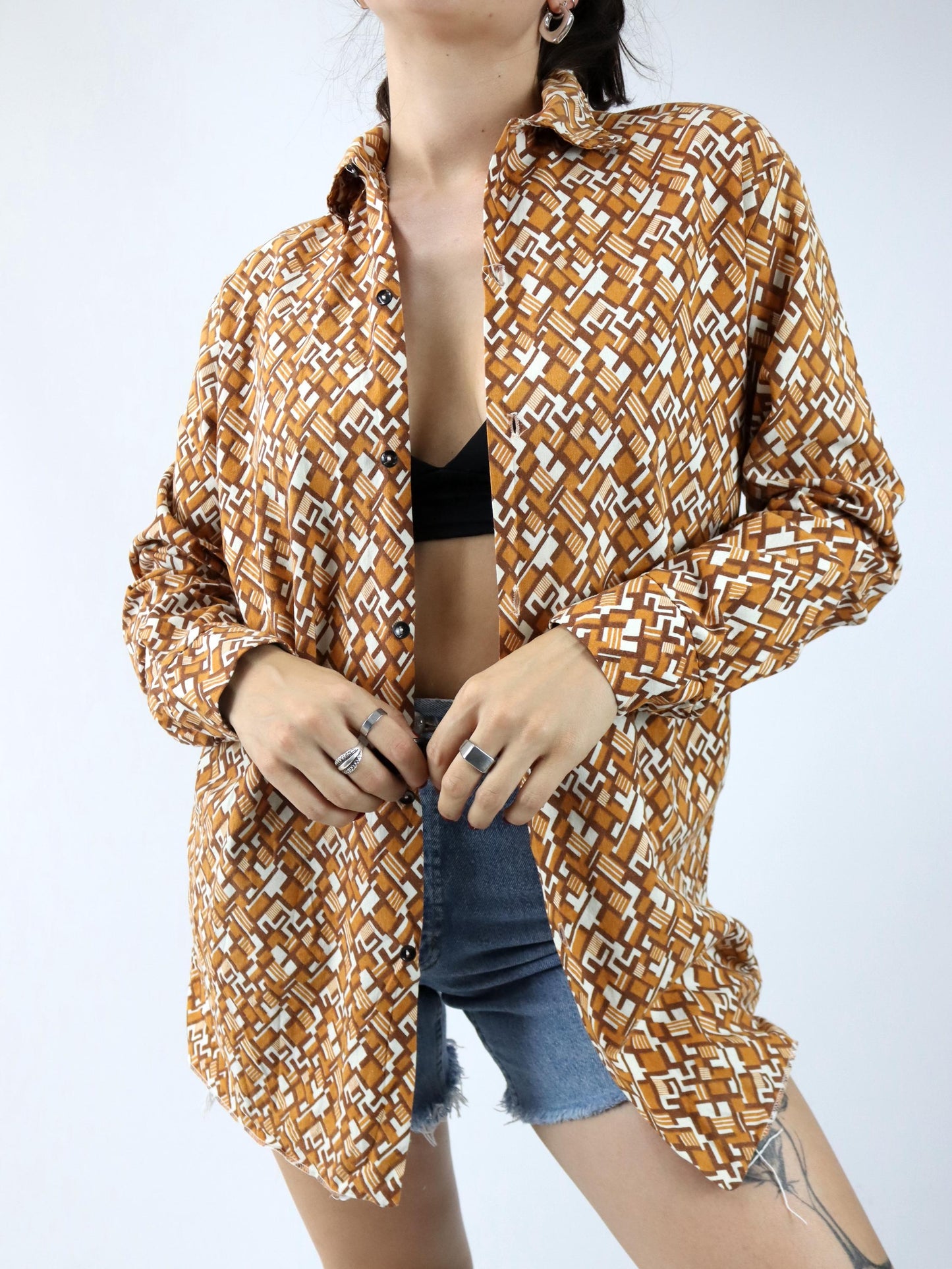 Vintage 70er 80er PERMAFLOTT Hemd langarm crazy pattern orange weiß L