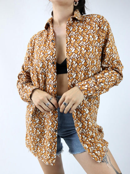 Vintage 70er 80er PERMAFLOTT Hemd langarm crazy pattern orange weiß L