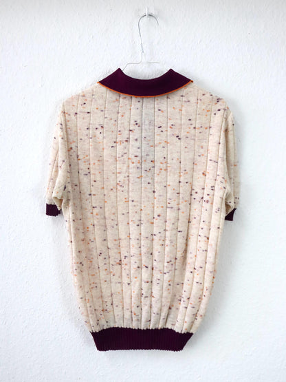 Vintage 70er 80er Poloshirt Strickshirt Spitzkragen lila orange creme 48 M