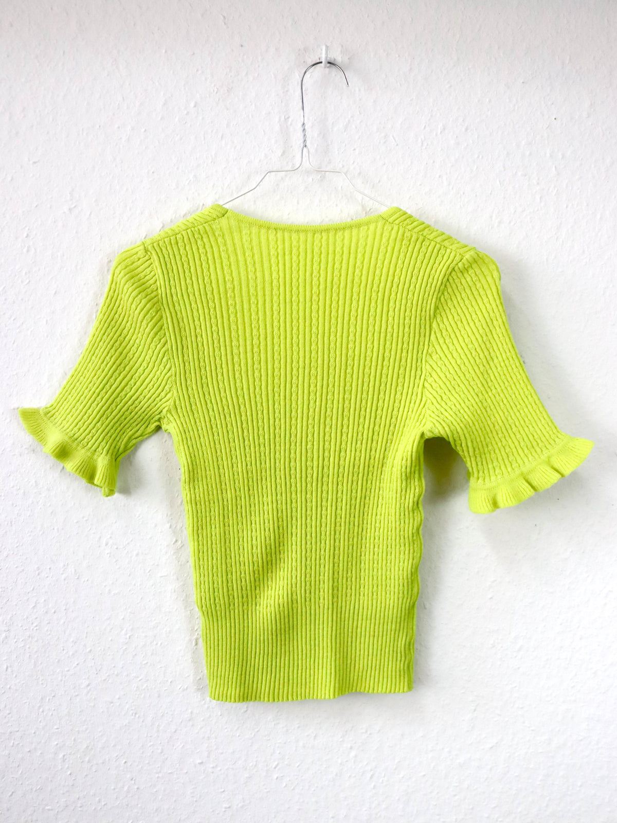 Vintage 70er 80er Top Shirt Strick kurzarm Rüschen gelb neon U-Boot Ausschnitt M