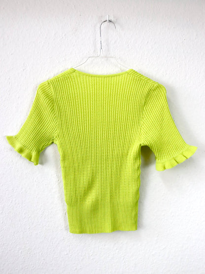 Vintage 70er 80er Top Shirt Strick kurzarm Rüschen gelb neon U-Boot Ausschnitt M