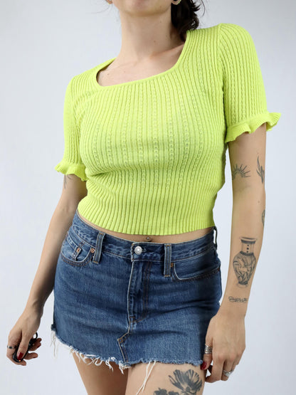 Vintage 70er 80er Top Shirt Strick kurzarm Rüschen gelb neon U-Boot Ausschnitt M