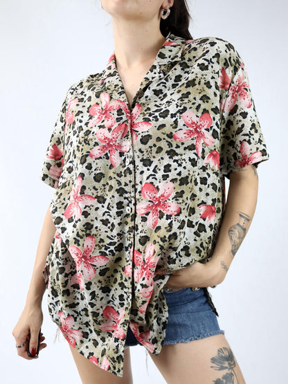Vintage 80er 90er Bluse kurzarm crazy pattern Leoparden Blumen Viskose 40