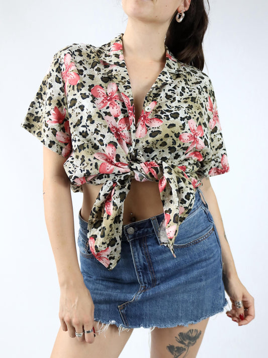 Vintage 80er 90er Bluse kurzarm crazy pattern Leoparden Blumen Viskose 40