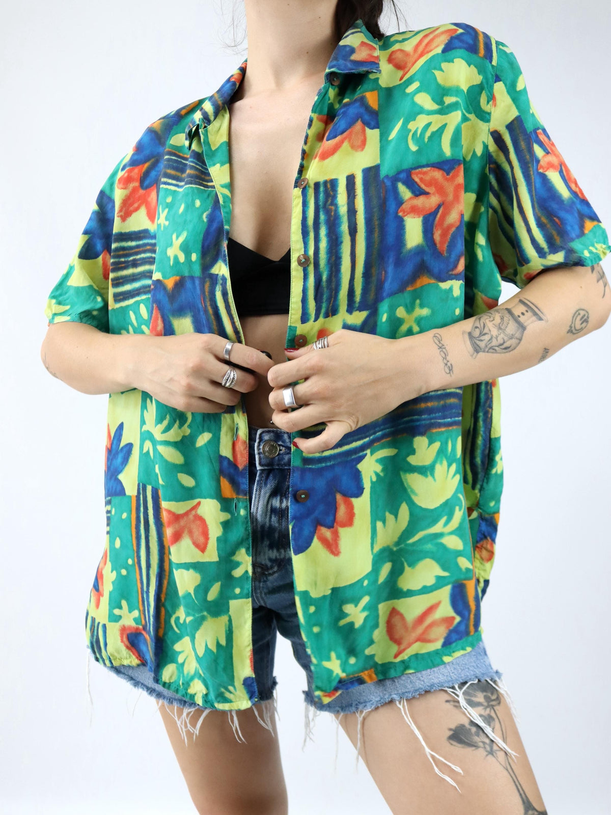 Vintage 80er 90er SIXTH SENSE Bluse kurzarm crazy pattern bunt Schulterpolster 48 XL