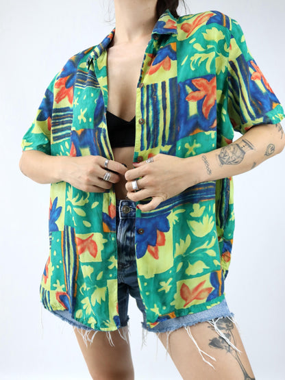 Vintage 80er 90er SIXTH SENSE Bluse kurzarm crazy pattern bunt Schulterpolster 48 XL