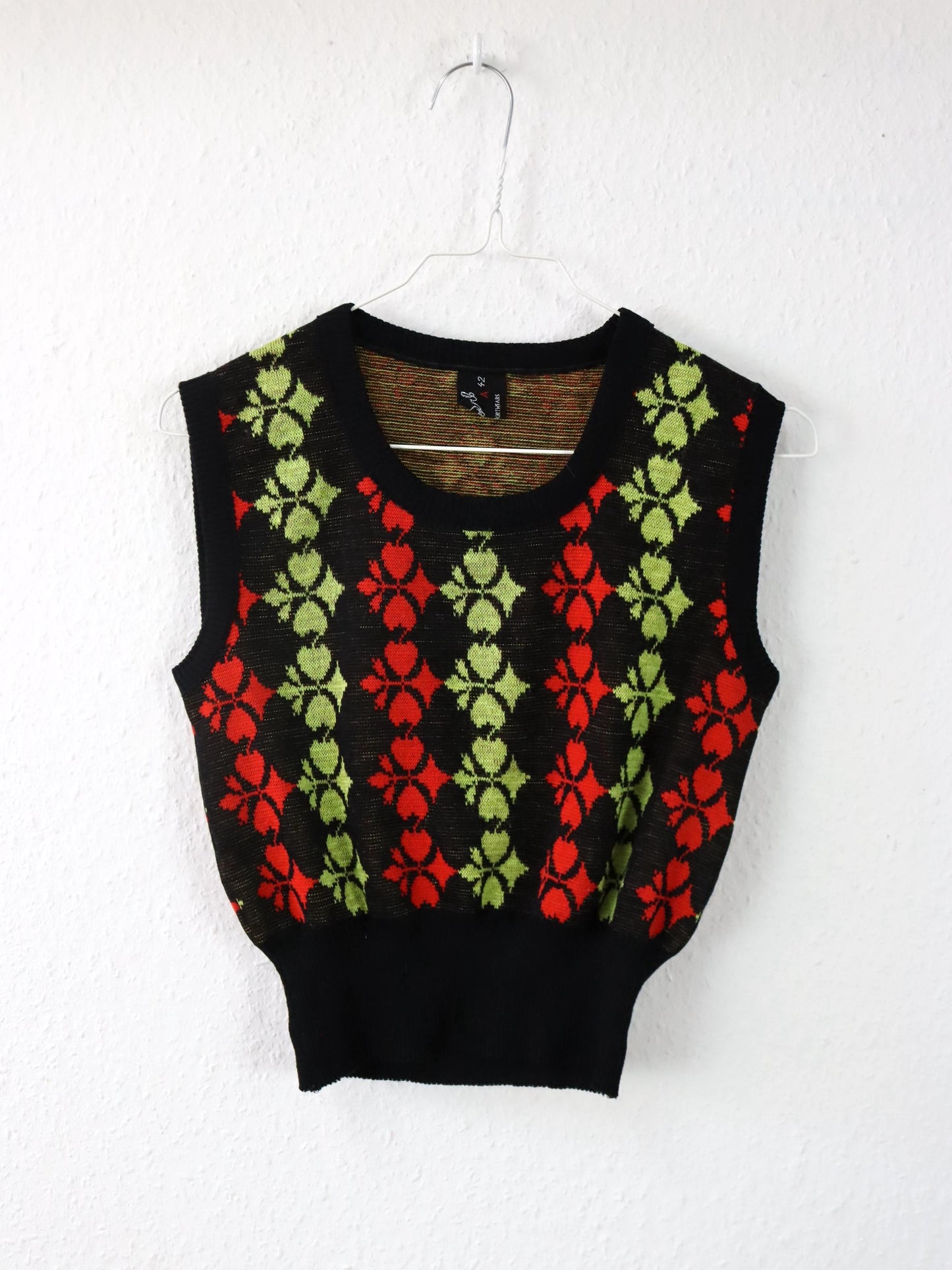 Vintage 80er 90er SUPERB Top Strick Pullunder Crop bauchfrei crazy pattern M