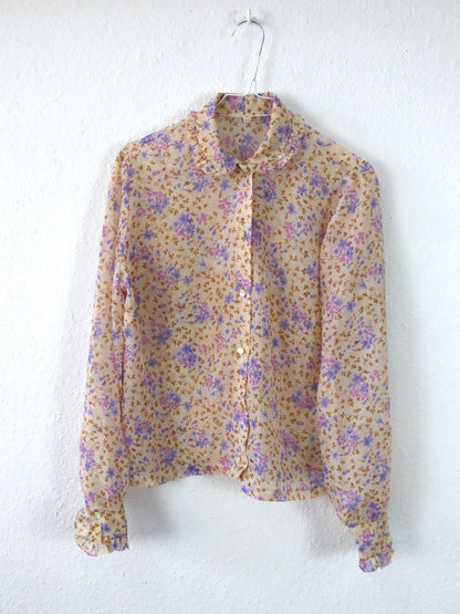 Vintage 80er 90er Bluse langarm Blumenmuster Rüschen leicht transparent  40