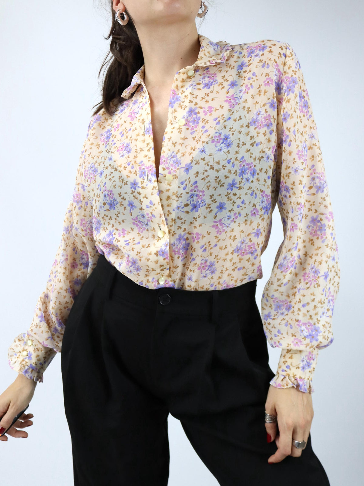 Vintage 80er 90er Bluse langarm Blumenmuster Rüschen leicht transparent  40