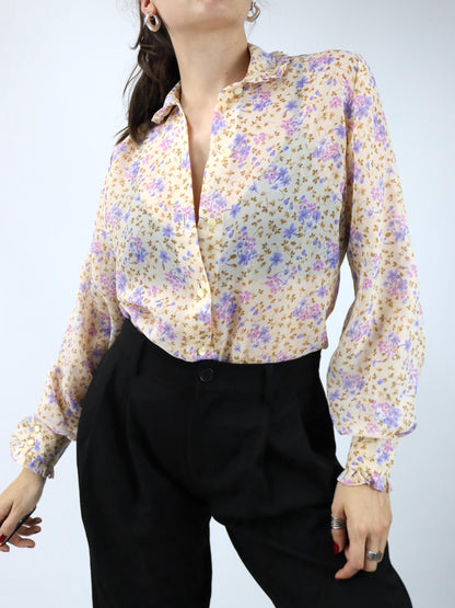 Vintage 80er 90er Bluse langarm Blumenmuster Rüschen leicht transparent  40