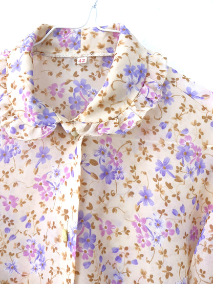 Vintage 80er 90er Bluse langarm Blumenmuster Rüschen leicht transparent  40