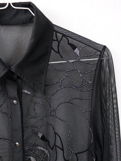Vintage 80er 90er Bluse langarm Mesh Stickerei schwarz silber Glitzer S