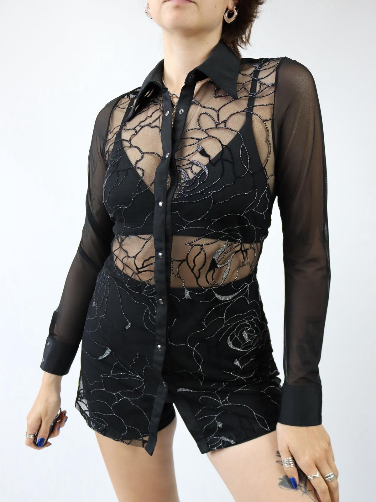Vintage 80er 90er Bluse langarm Mesh Stickerei schwarz silber Glitzer S