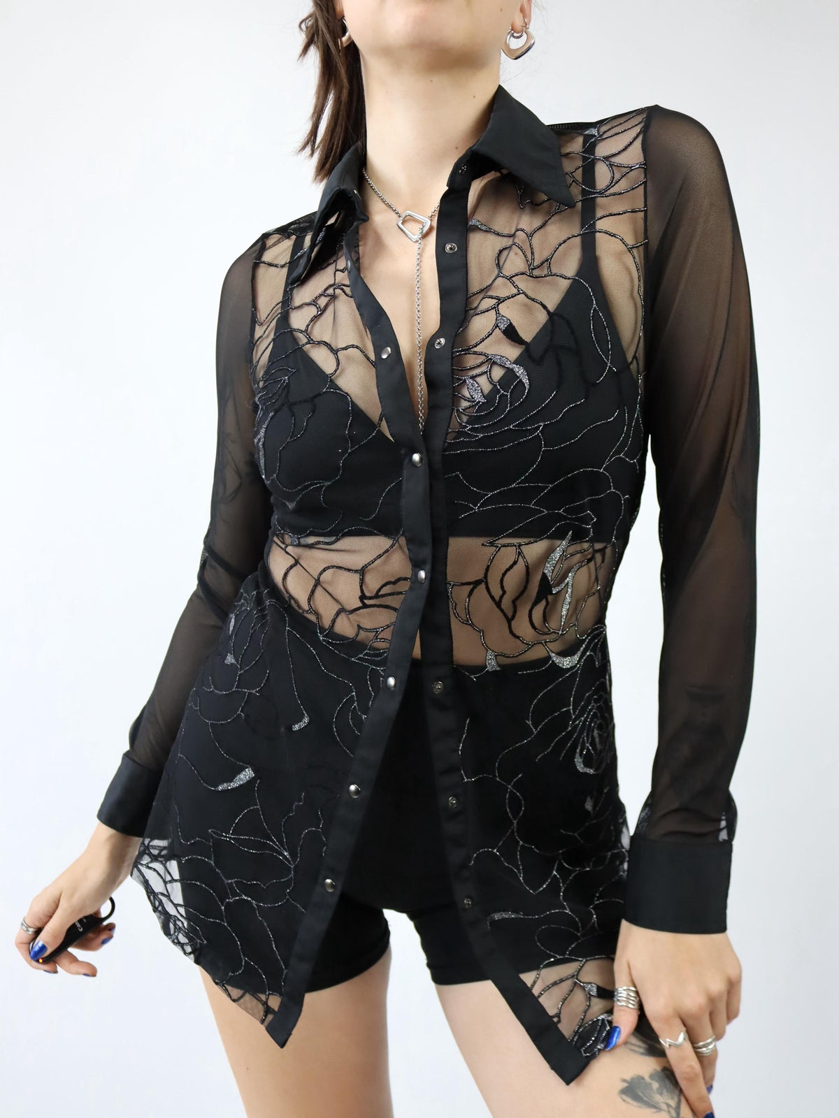 Vintage 80er 90er Bluse langarm Mesh Stickerei schwarz silber Glitzer S