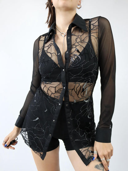 Vintage 80er 90er Bluse langarm Mesh Stickerei schwarz silber Glitzer S