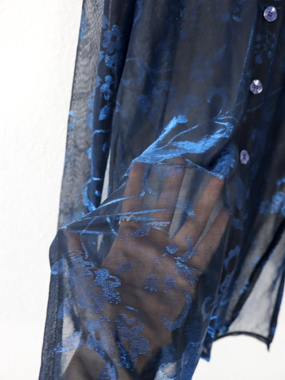 Vintage 80er 90er CHANAVEE Bluse langarm Mesh blau schwarz Metallic L