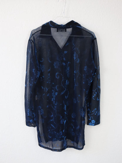 Vintage 80er 90er CHANAVEE Bluse langarm Mesh blau schwarz Metallic L