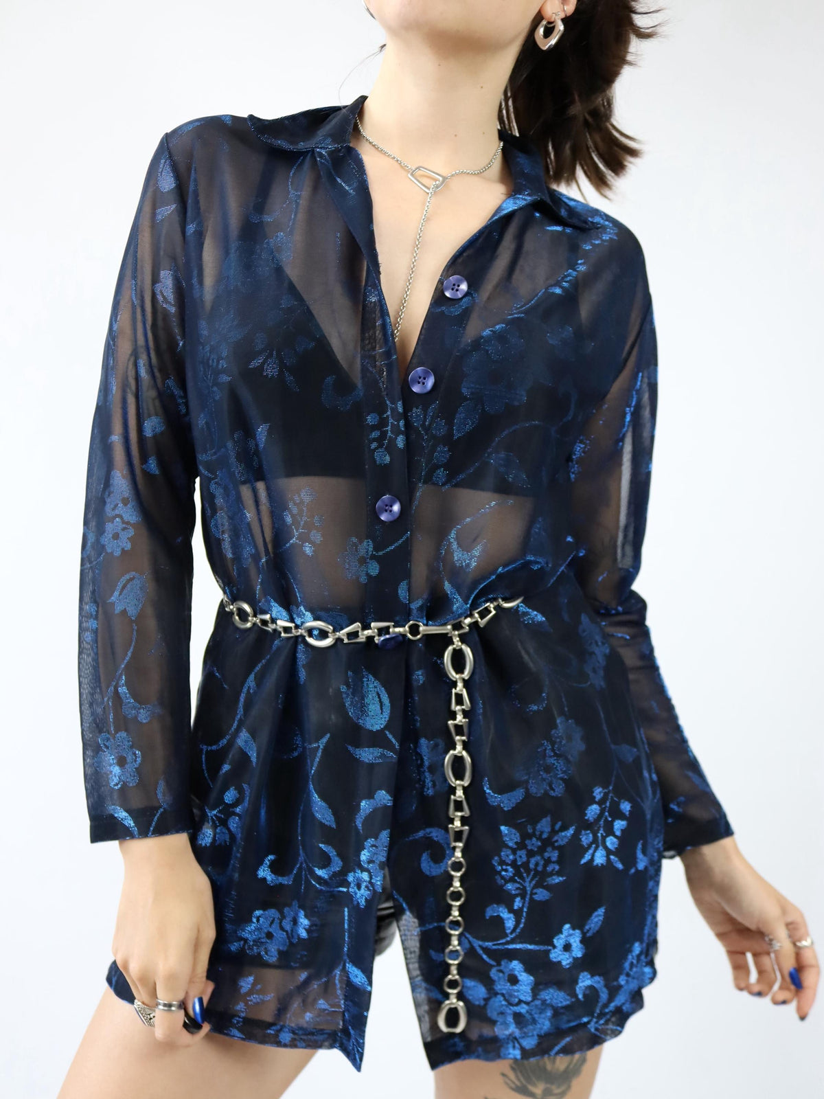 Vintage 80er 90er CHANAVEE Bluse langarm Mesh blau schwarz Metallic L