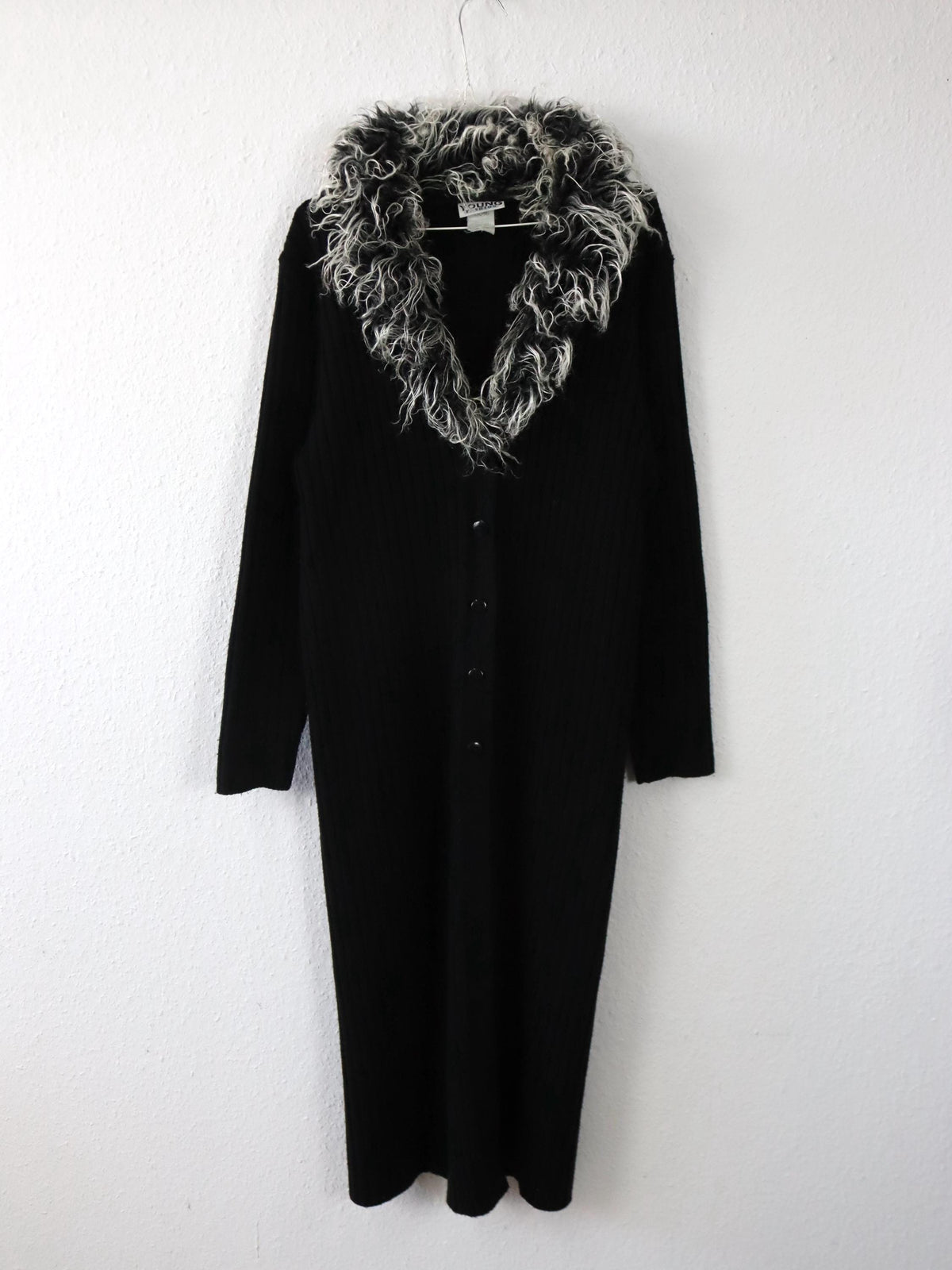 Vintage 80er 90er YOUNG FASHION Cardigan lang mantel Kragen schwarz grau 38/40