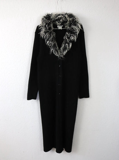 Vintage 80er 90er YOUNG FASHION Cardigan lang mantel Kragen schwarz grau 38/40