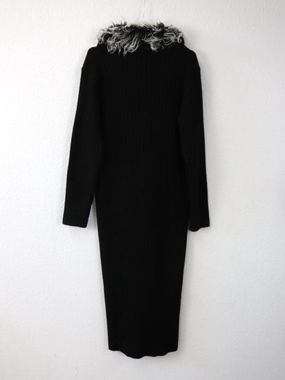 Vintage 80er 90er YOUNG FASHION Cardigan lang mantel Kragen schwarz grau 38/40