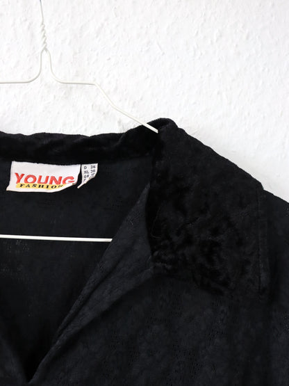 Vintage 80er 90er YOUNG FASHION Oberteil Bluse Spitze Samt Cut Out schwarz 36