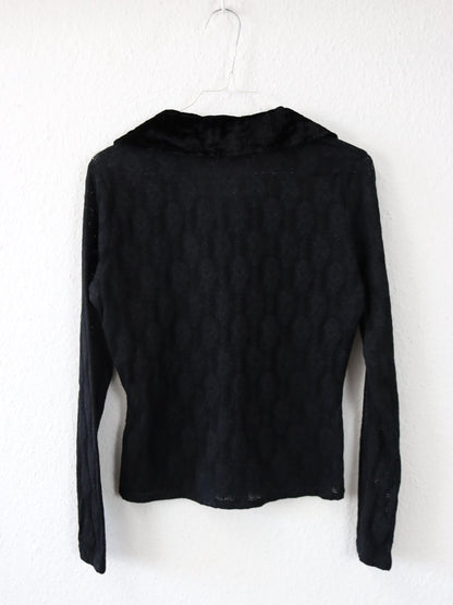 Vintage 80er 90er YOUNG FASHION Oberteil Bluse Spitze Samt Cut Out schwarz 36