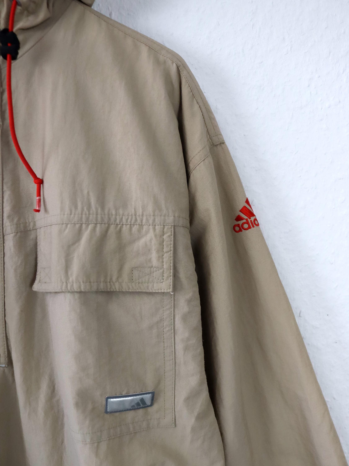 Vintage 80er 90er ADIDAS Windbreaker Überziehjacke Jacke Fleece Kapuze beige 176 S/M
