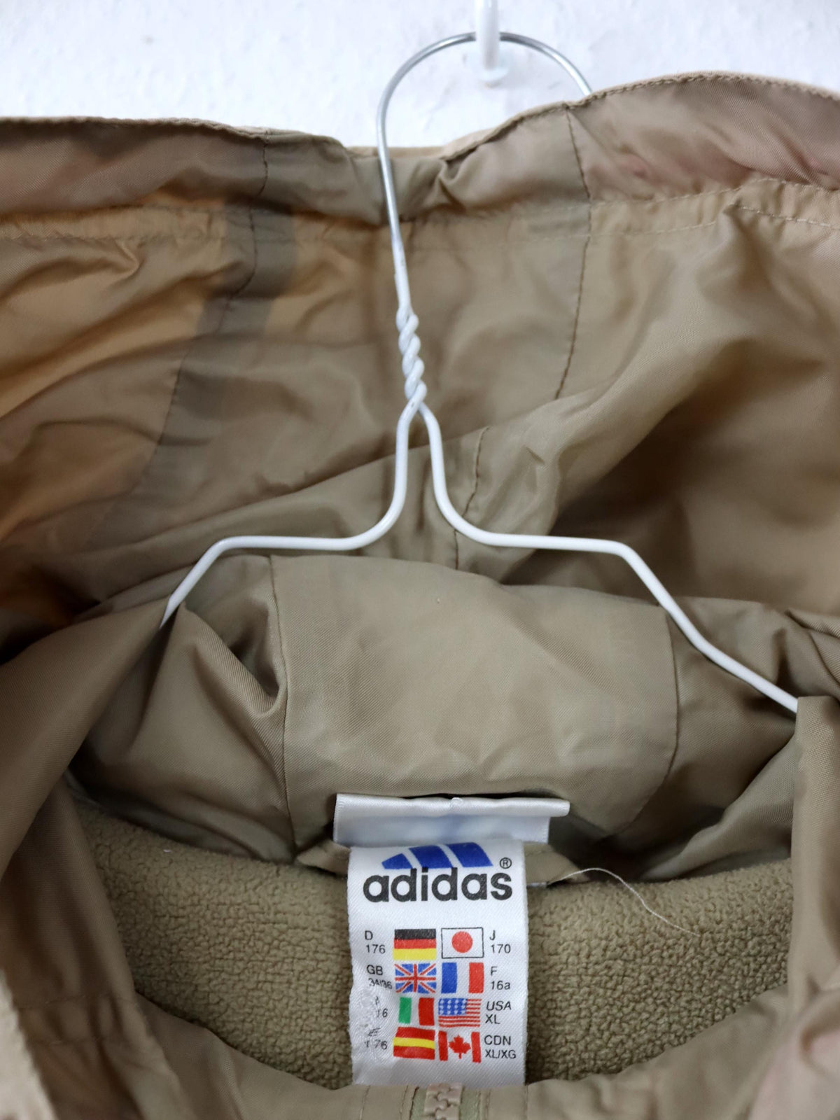 Vintage 80er 90er ADIDAS Windbreaker Überziehjacke Jacke Fleece Kapuze beige 176 S/M