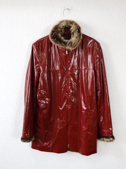 Vintage 80er 90er KALB Kunstlederjacke Jacke Mantel rot abnehmbares Lammfell 40