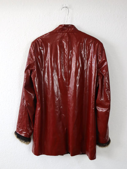 Vintage 80er 90er KALB Kunstlederjacke Jacke Mantel rot abnehmbares Lammfell 40