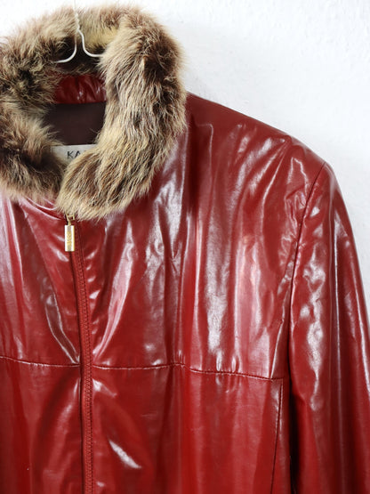 Vintage 80er 90er KALB Kunstlederjacke Jacke Mantel rot abnehmbares Lammfell 40