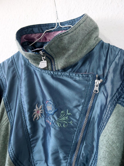 Vintage 80er 90er AMERICAN Fleecepullover Pullover blau altrosa Stehkragen Stickerei M/L