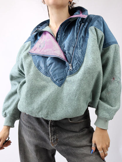 Vintage 80er 90er AMERICAN Fleecepullover Pullover blau altrosa Stehkragen Stickerei M/L