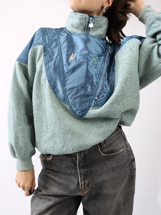 Vintage 80er 90er AMERICAN Fleecepullover Pullover blau altrosa Stehkragen Stickerei M/L