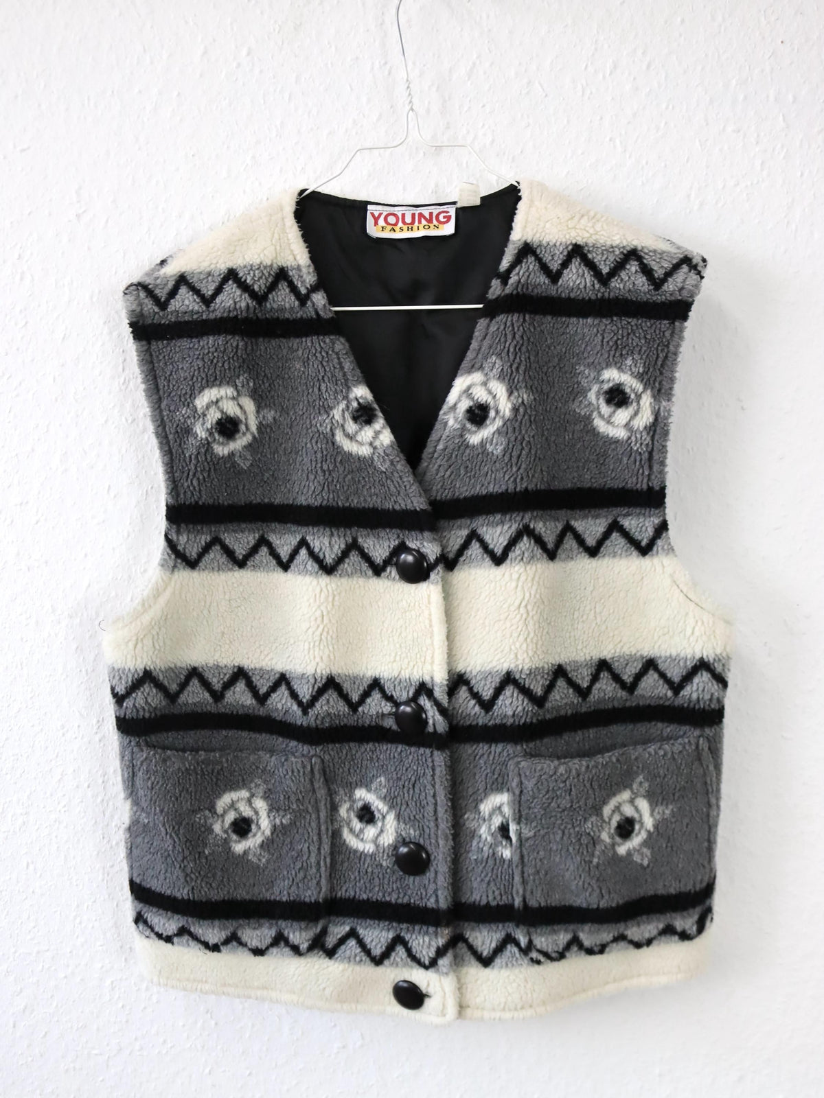 Vintage 80er 90er YOUNG FAHSION Weste Fleece Teddyfell crazy pattern 36/38