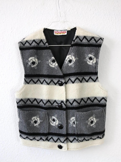 Vintage 80er 90er YOUNG FAHSION Weste Fleece Teddyfell crazy pattern 36/38